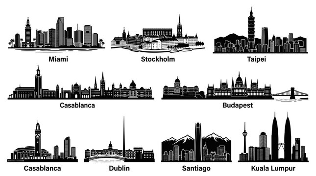 Minimalist Black Silhouette Vector Illustration &ndash; Miami Stockholm Taipei Casablanca Budapest Dublin Santiago Kuala Lumpur Urban Skyline Bundle