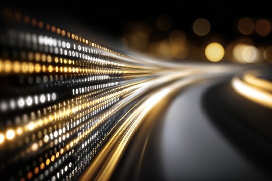 Golden binary code streaks on a curved path