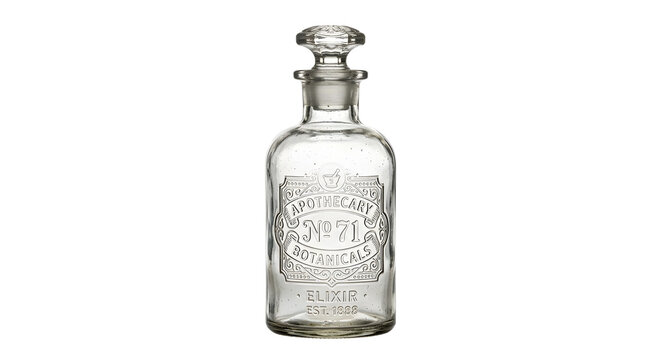 Vintage apothecary glass bottle with botanicals elixir label