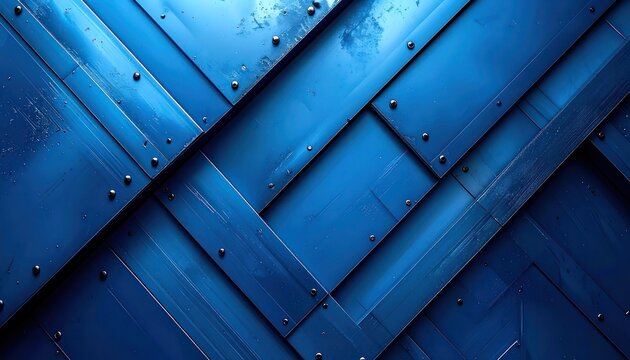 Abstract blue metal panels with rivets and scratches create a textured, geometric background.