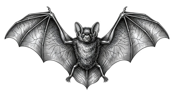 Detailed engraving style bat illustration with outspread wings