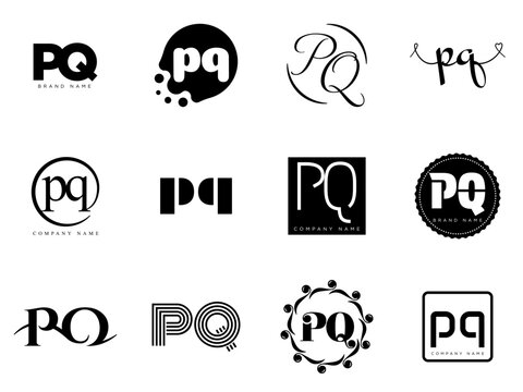 PQ logo company template. Letter p and q logotype. Set different classic serif lettering and modern bold text with design elements. Initial font typography.