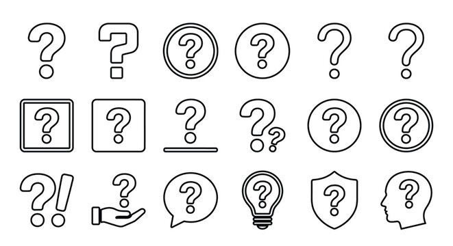 Collection of Outline Question Mark Icons Set, Thin Line Symbols for FAQ, Help, Support, Assistance, Confusion, Problem Solving, and Information UI Design Elements, Isolated on White Background