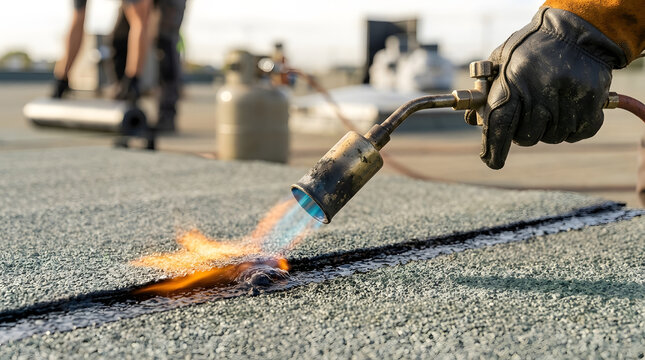 Professional roofer installing bituminous membrane with gas torch | Flat roof waterproofing process using blowtorch on bitumen felt | Close up of construction worker sealing roof seam with flame