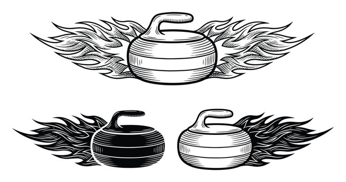 Vintage engraving style of curling stones with flames set