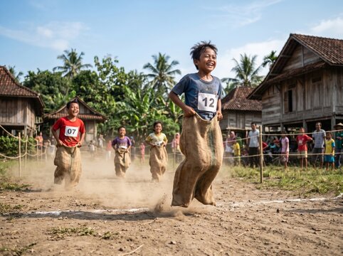 Joyful Indonesian children competing in a traditional sack race on a dusty village field, celebrating cultural games and childhood fun under bright daylight.