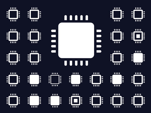 Glyph Microprocessor Icons Collection with CPU Chips, Semiconductor Components and Computer Hardware Symbols