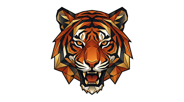 Geometric tiger head portrait, stylized low poly with orange and black colors, isolated on a transparent background