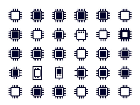 Microprocessor and CPU Chip Icons Collection with Semiconductor Components and Computer Hardware Symbols