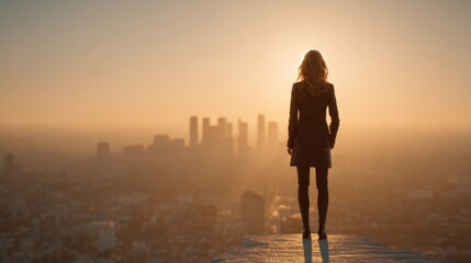 Fototapeta premium Woman overlooking city skyline at dusk