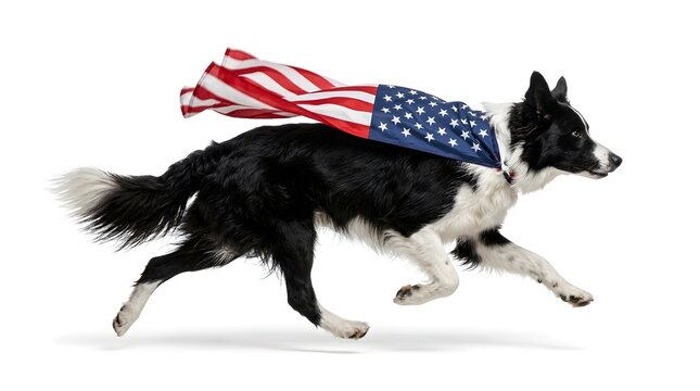 Energetic black and white border collie dog running fast while wearing a vibrant patriotic american flag superhero cape against a clean white background in a bright high quality studio photograph.
