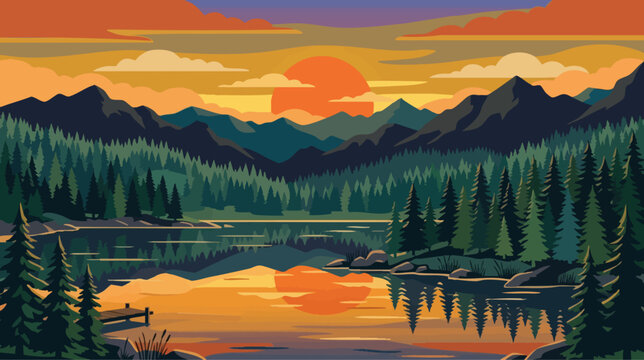 Mountain lake sunset landscape illustration with evergreen forest