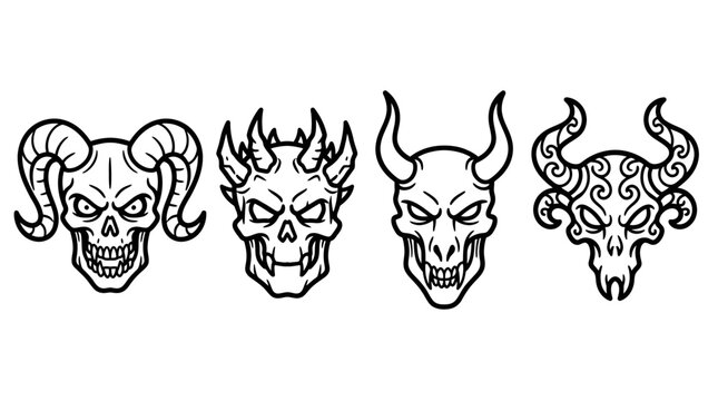 Four demonic skull illustrations with horns and menacing expressions