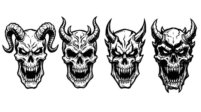 Four Demonic Skulls with Horns - Horror Art Collection
