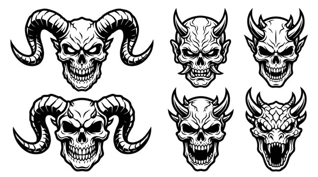 Set of Evil Skulls with Horns and Fangs - Dark Fantasy Art