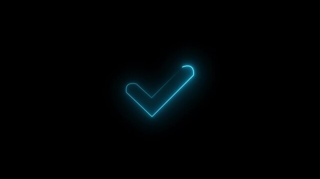 Neon glowing navy blue color tick mark icon animation on black background. 4k animation video