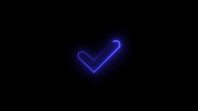 Neon glowing blue color tick mark icon animation on black background. 4k animation video
