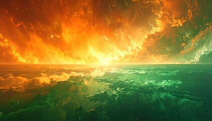 Fototapeta premium A surreal, alien landscape features a fiery orange sky meeting a vibrant green ocean under a starry expanse.