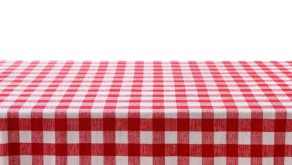 Isolated red and white checkered gingham picnic tablecloth with empty space above for design