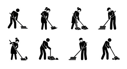 A man is cleaning with various brooms and a shovel in different positions. © uzumaki