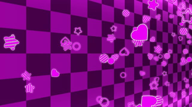 purple Checkered Background with Floating Hearts and Stars Loop Animation
