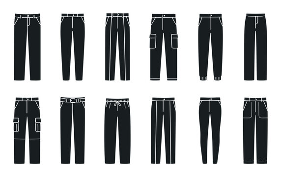 Different trousers and pants icons representing various fashion styles including cargo jeans sweatpants leggings and classic slacks