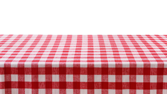 Isolated red and white checkered gingham picnic tablecloth with empty space above for design