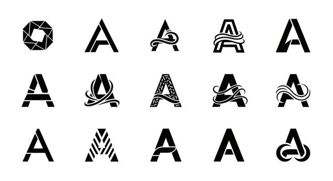 The alphabet letter A with various decorative designs and patterns on a white background