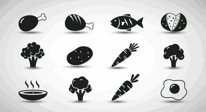 Vegetable and meat icons displayed on a clean surface for food illustration