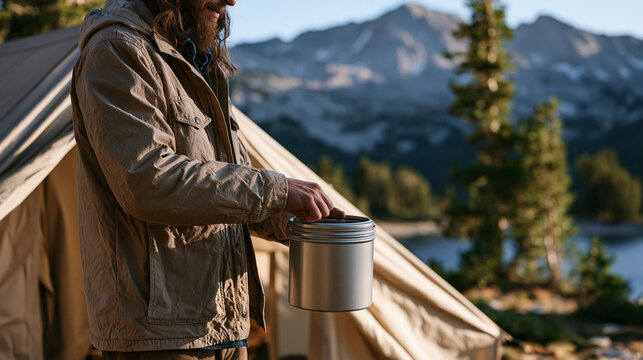 Leave No Trace practitioner packing out fire ash in sealed metal container at backcountry campsite, responsible fire management, minimum impact ethics, outdoor environmental