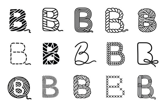 Letter B set in various sewing and knitting styles featuring yarn, thread, rope, embroidery, and stitching designs for creative typography