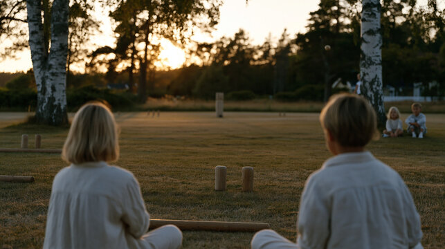 Kubb players in a Scandinavian meadow at golden hour hurling wooden batons to topple field kubbs, children watching from the grass, the king piece still standing at the far
