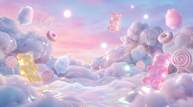 Whimsical dreamy candy land sky with floating gummy bears and donuts lollipop confectionery floating colorful background delicious childhood whimsical abstract atmosphere artistic