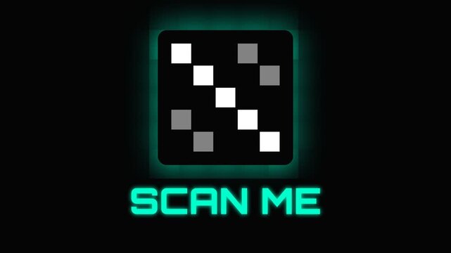 QR code, glowing neon effect, black background with cyan text, dynamic scanning animation, symbolizing technology and digital communication