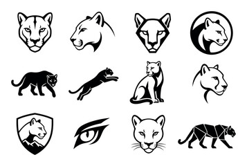 Obraz premium Cougar and panther vector logo icon set featuring various black and white designs of wild cat heads, full body silhouettes, and emblems for sports teams or mascot branding