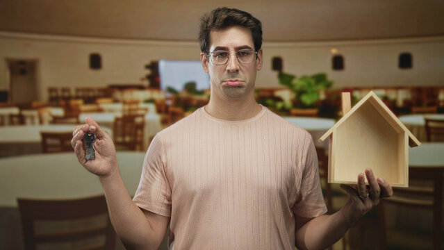 Man holds small wooden house model and metal keys, pouting lips and lowered gaze inside a building with tables and chairs visible; mortgage disappointment.