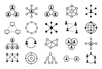 Fototapeta premium Network connection and social structure icons representing communication, teamwork, organizational hierarchy, global connectivity, and digital data distribution