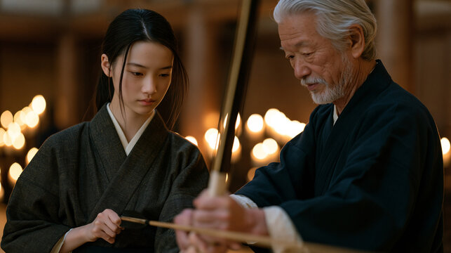 Kyudo master correcting a teenage student's tenouchi grip on the bow handle in a candlelit dojo evening session, the student's arrow still nocked, concentration visible in both