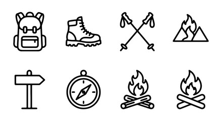 Fototapeta premium Hiking and Camping Line Icons, Outdoor Adventure Vector Set, Backpacking and Wilderness Exploration Graphics
