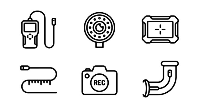 Endoscope Camera Icons, Inspection Equipment Vector Set, Plumbing Tools Graphics