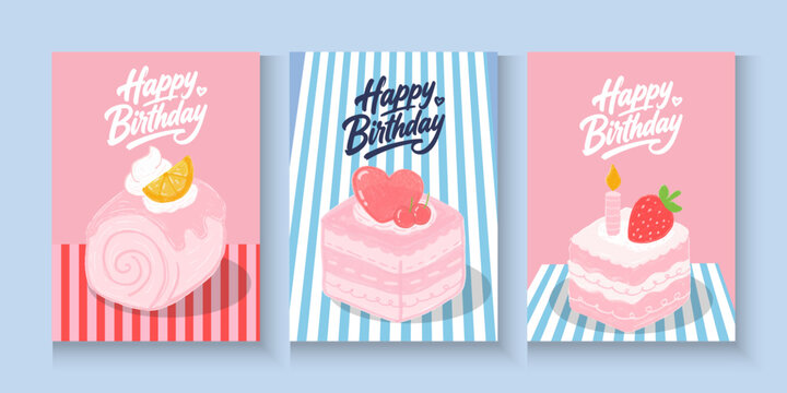 Cake Strawberries with ribbon bow Coquette Vintage Heart collection, Happy Birthday set girly cards or poster in elegant trendy hand drown retro 90s style. Minimalist line art