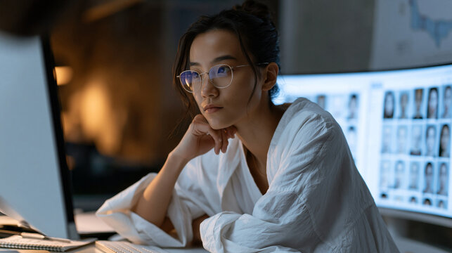 Synthetic data engineer reviewing facial variation grid output on curved monitor for model fairness testing, annotation checklist beside keyboard, bias detection research workflow