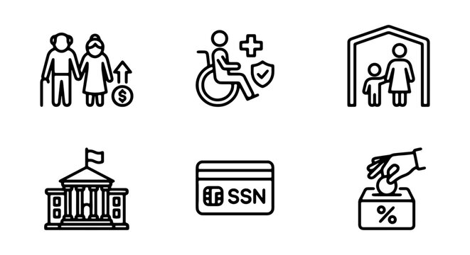 Social Security Icons: Elderly Care, Disability, Family, Government, SSN, Donation