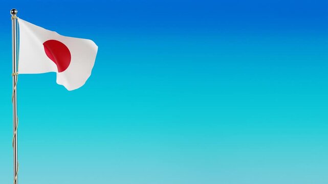 The Japanese national flag fluttering on a metallic pole. 4K 3D animation with detailed fabric physics against a sky blue gradient. Perfect for patriotic, sport event, and international media use.
