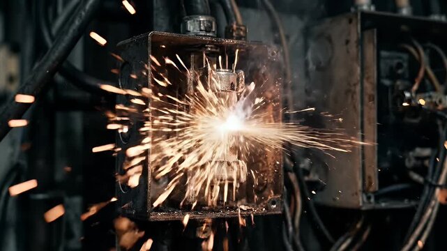 Electrical sparks and fire from short circuit inside metal industrial box showing danger and risk of electrical failure with intense energy and power in dark environment