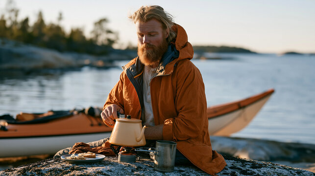 Kayak camper cooking breakfast on portable stove on flat rock above high tide line, sea kayak pulled above waterline, coastal island morning routine, salt air camping lifestyle,