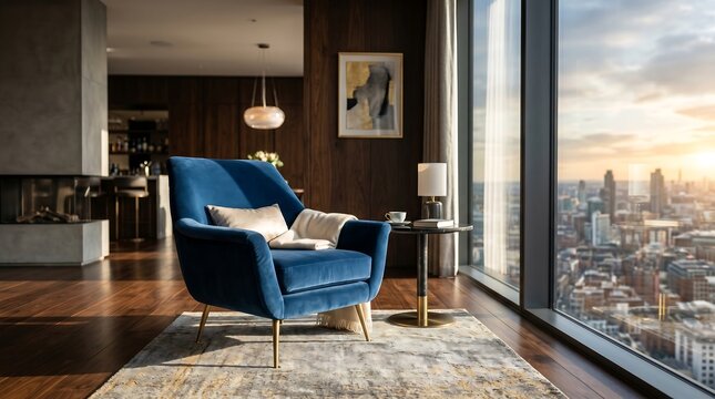 Elegant blue velvet armchair in luxury penthouse apartment overlooking city skyline at sunset with high rise interior design furniture design home decor armchair furniture interior apartment