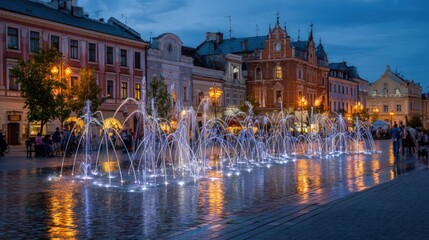 Fototapeta premium Town square fountain illuminated at dusk