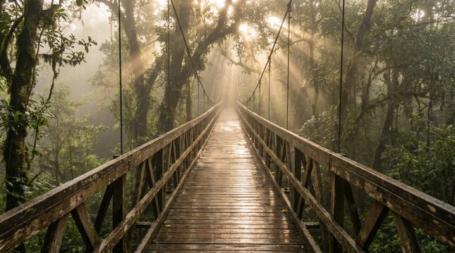 Wooden bridge in a forest landscape with trees and nature trail