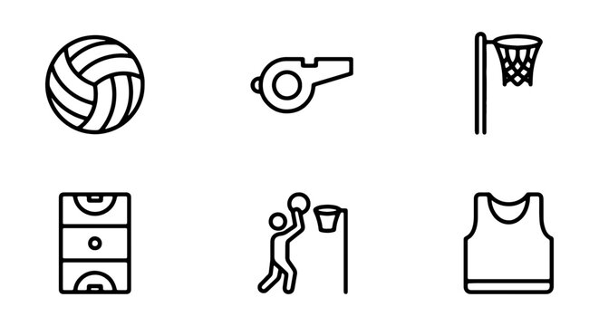 Netball Icons Set, Sport Equipment Graphics, Player Silhouette, Court, Hoop, Whistle, Jersey